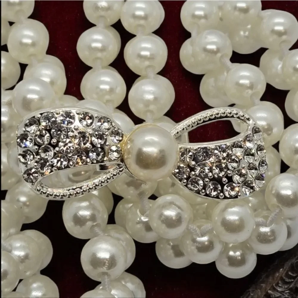 Pearl Stretch Belt Rhinestone Bow Elastic Waist Belt Ivory Bridal Wedding Dress